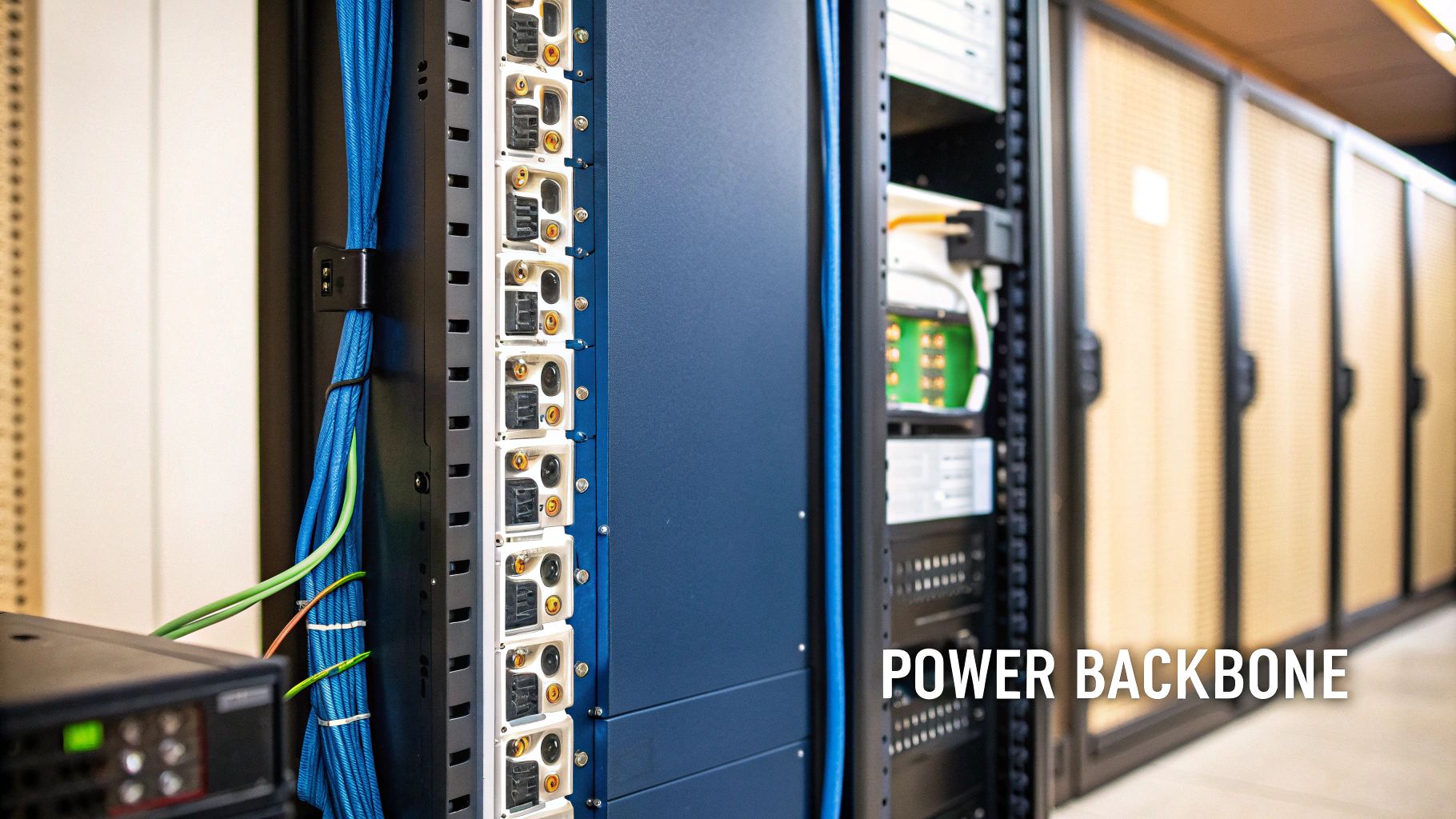 Close-up of neat blue network cables running vertically in a server rack, with blurred server cabinets in the background.