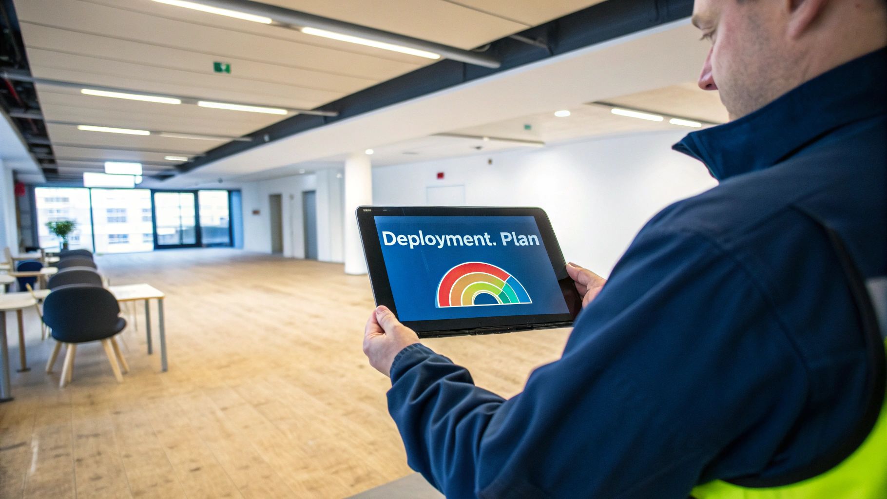 A person holds a tablet displaying a "Deployment. Plan" with a colorful chart in an empty modern office.