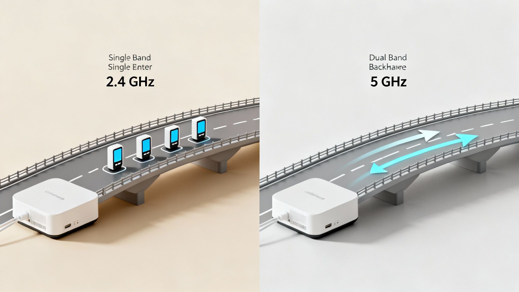 WiFi extender comparison showing 2.4 GHz single band versus 5 GHz dual band backhaul technology