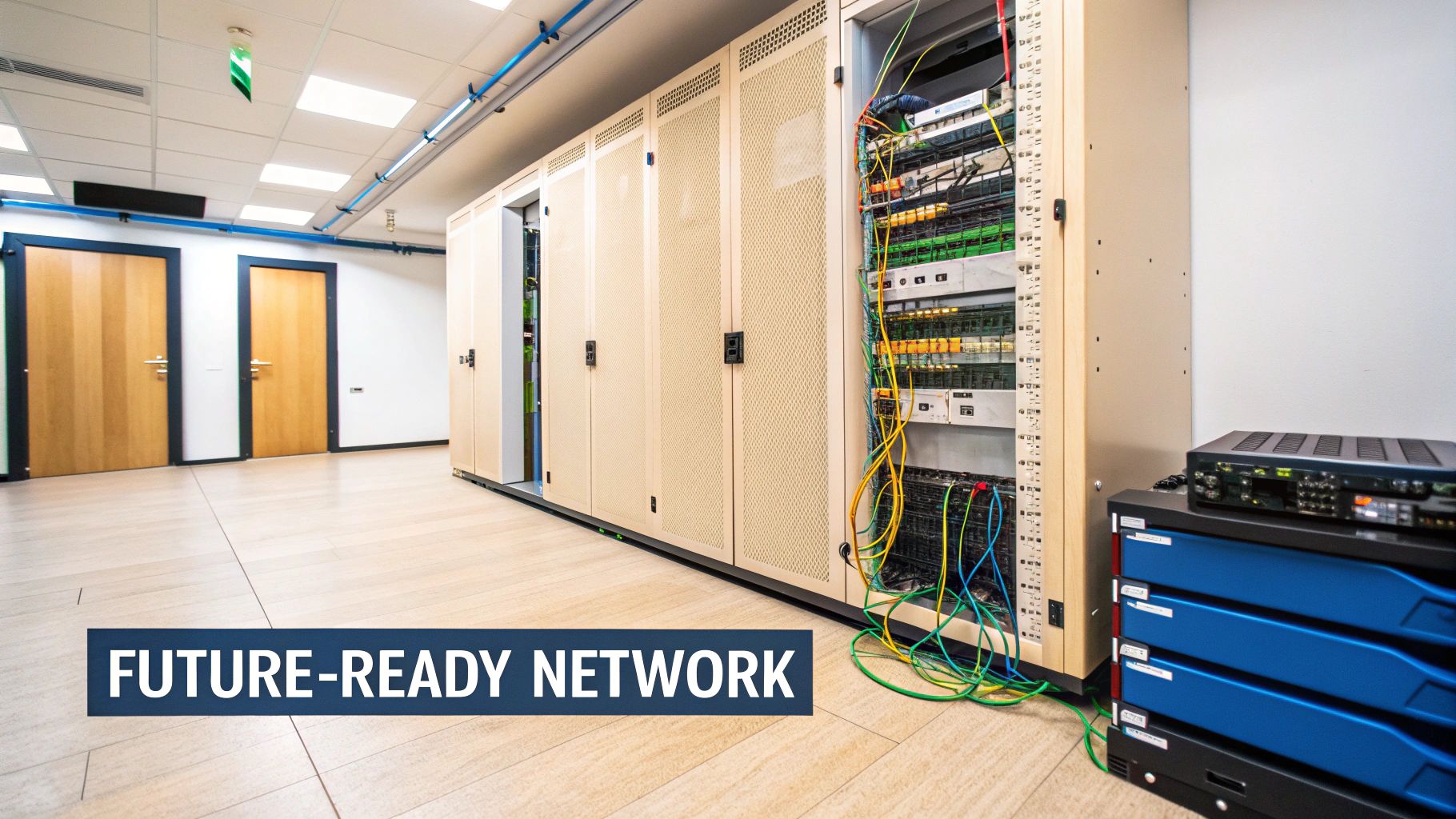 A data center with beige server racks, one open, revealing colorful network cables and equipment, and a 'FUTURE-READY NETWORK' banner.