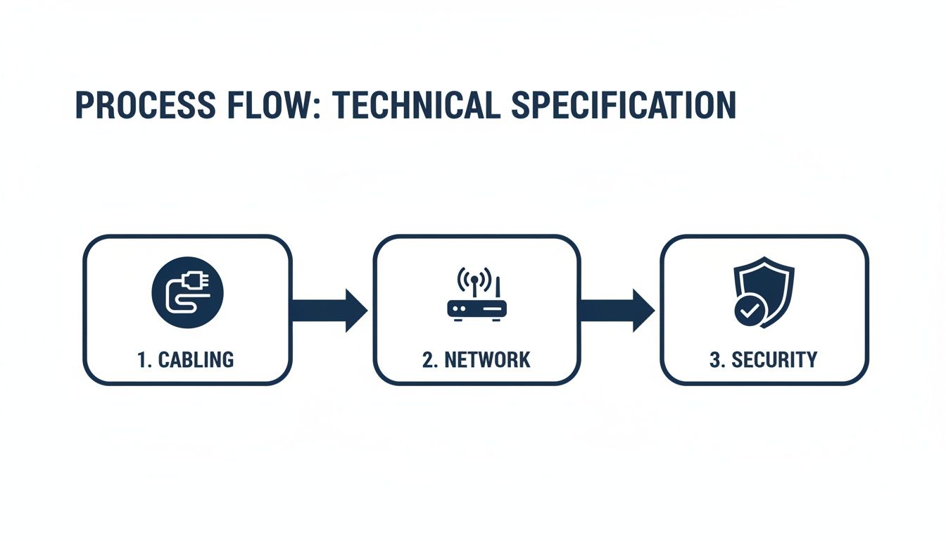 A process flow diagram outlining three steps for technical specification: cabling, network, and security, with icons.