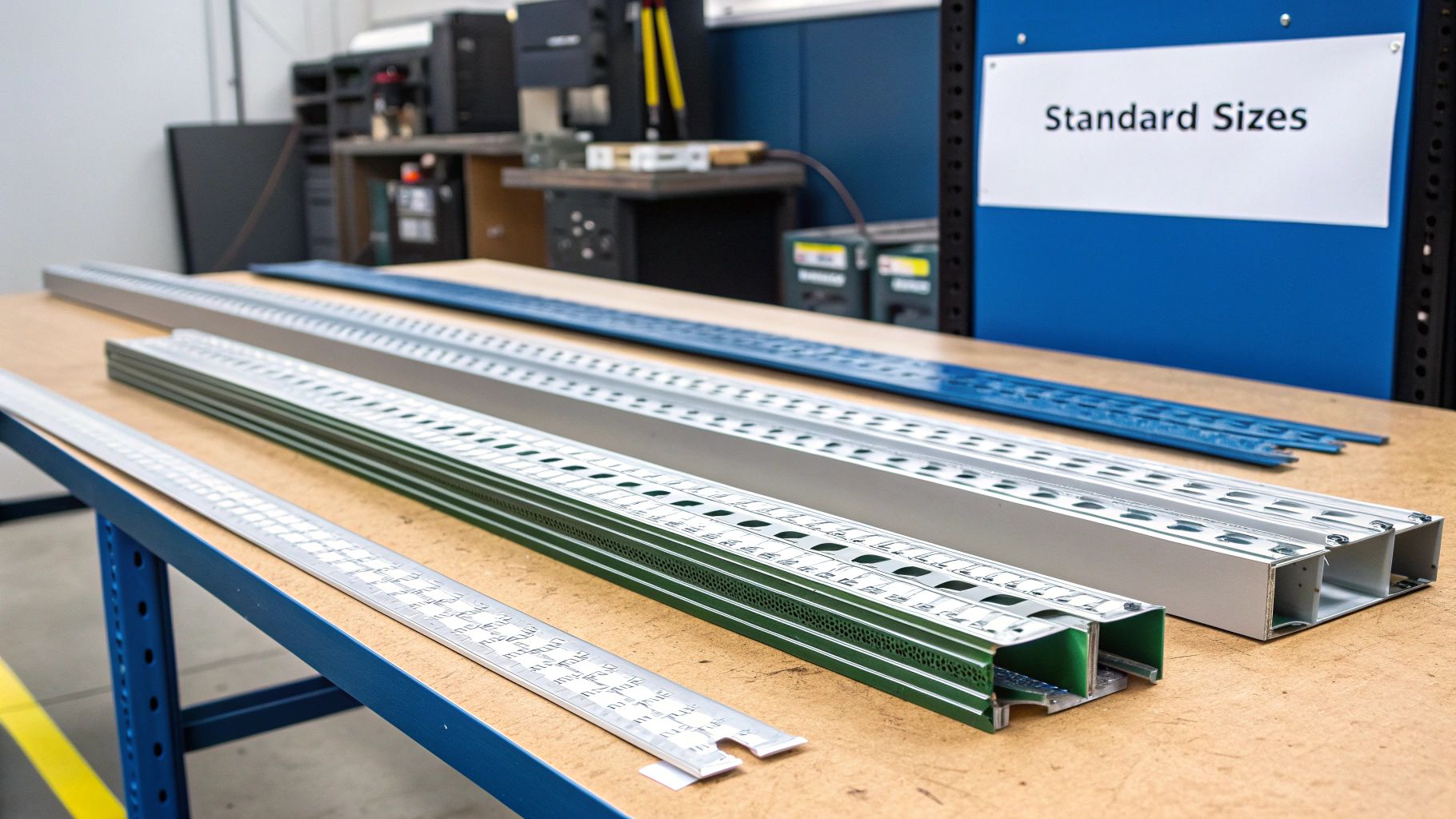 Different standard size metal cable trays in silver, green, and blue laid on a workshop bench.