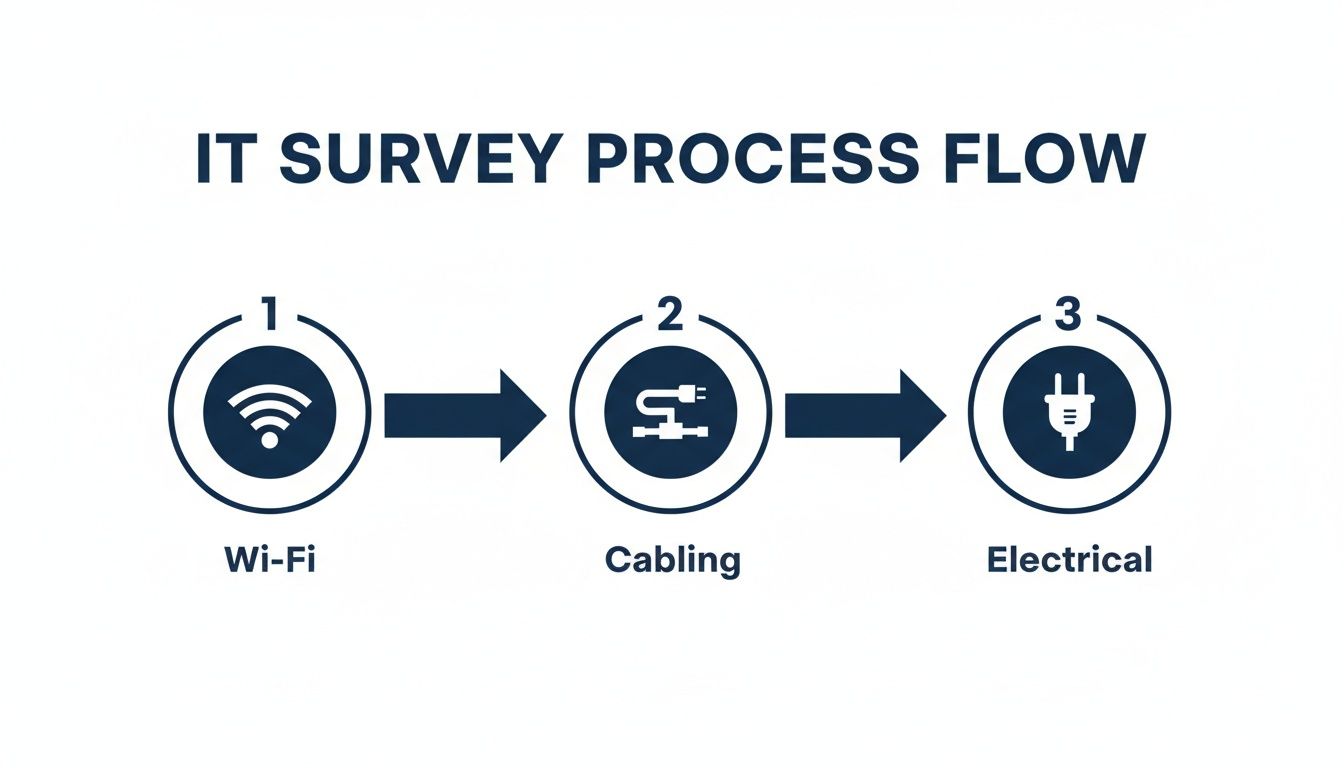 A clear process flow diagram outlining steps for an IT survey: Wi-Fi, Cabling, and Electrical.