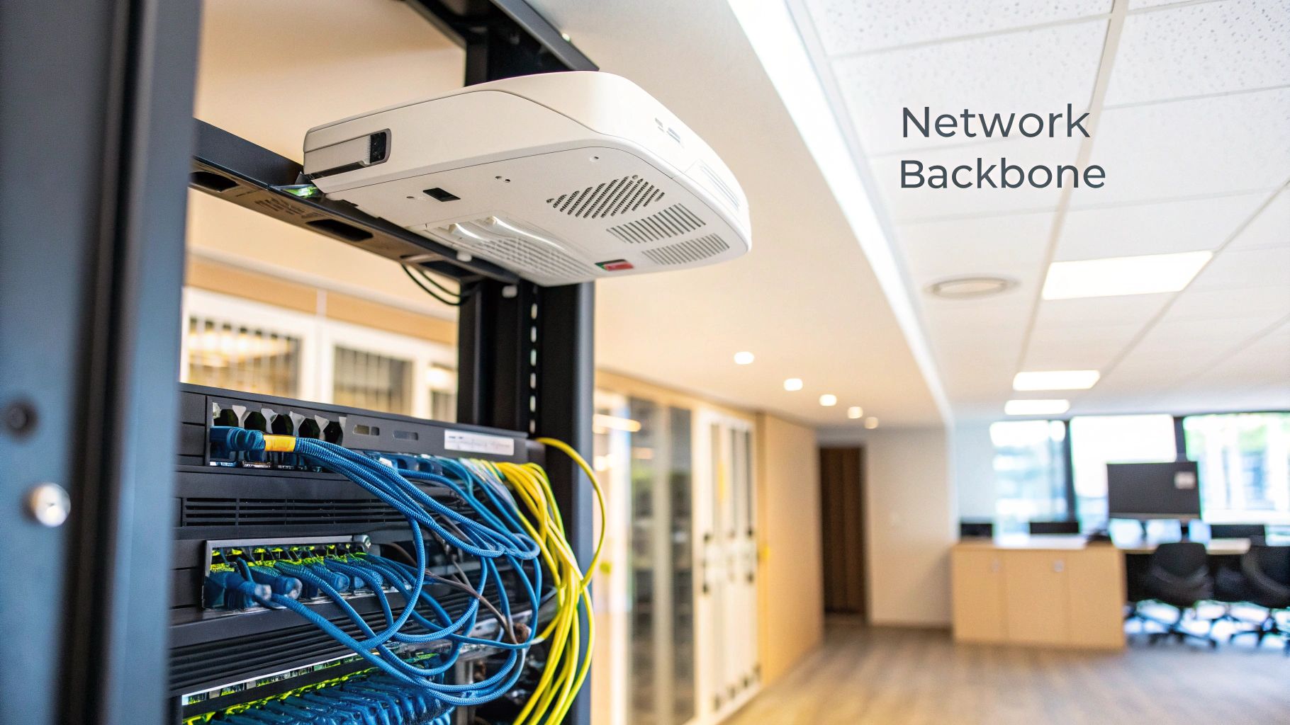 Close-up of network switches with blue and yellow Ethernet cables in a server rack within a modern office.