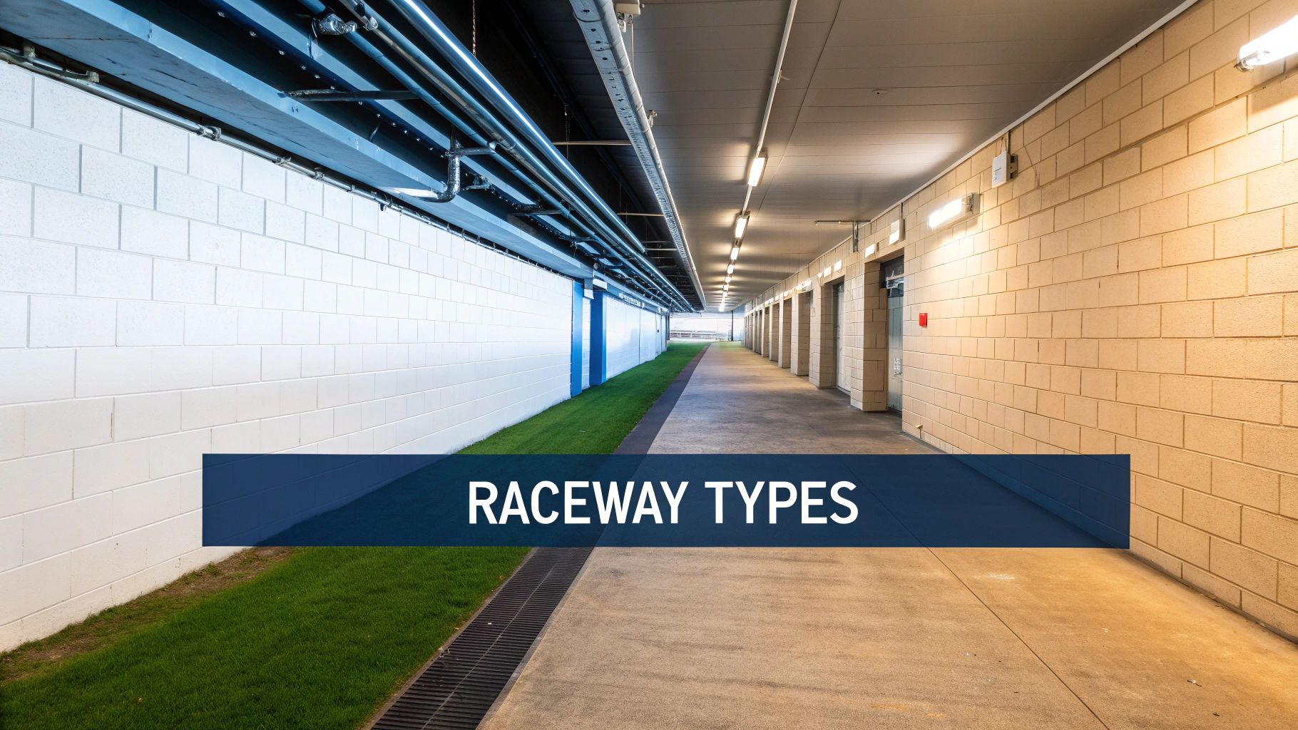 Long, illuminated utility corridor with white and beige brick walls, concrete path, and overhead pipes.