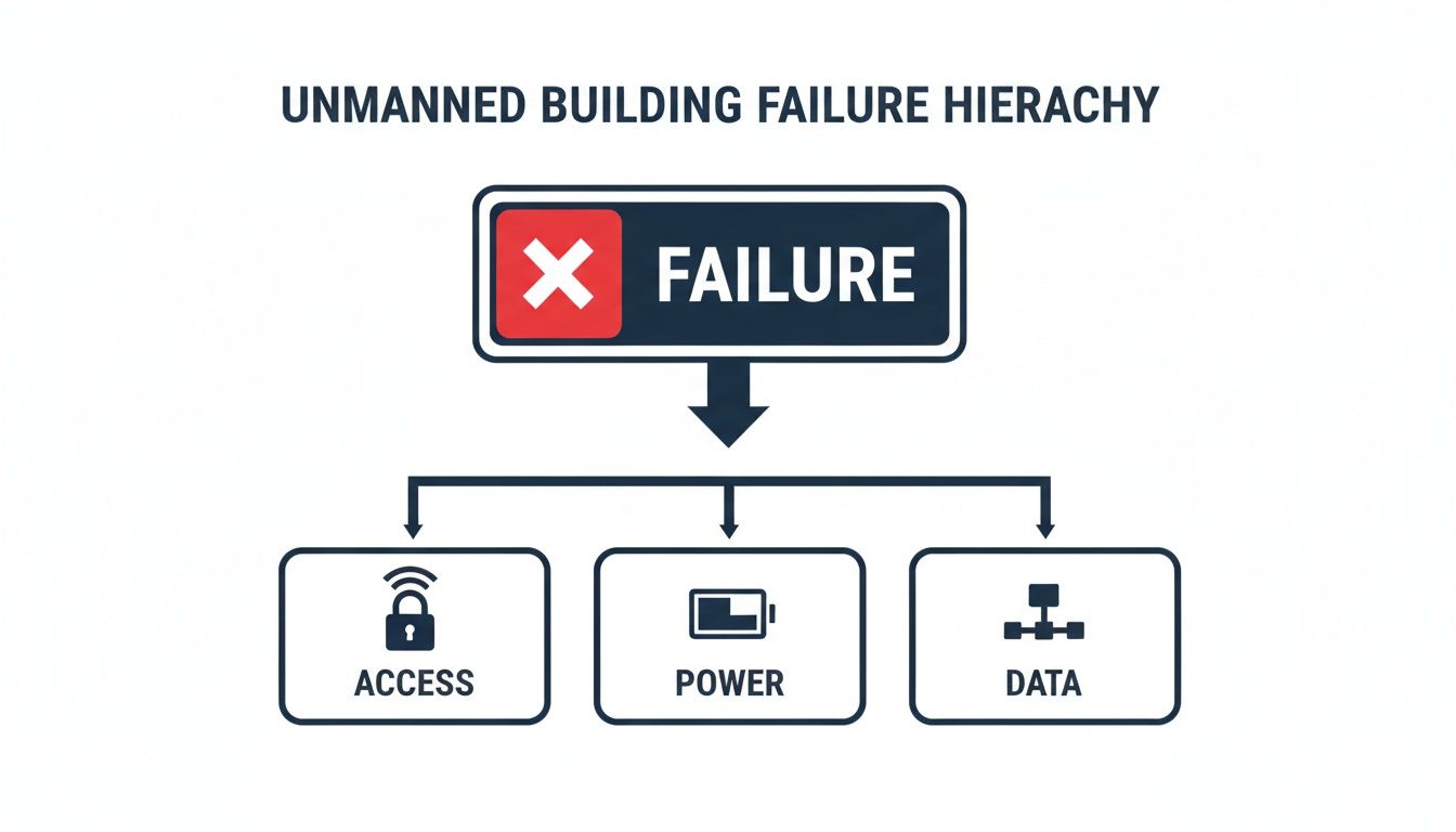 Infographic showing a hierarchy diagram of unmanned building failure, starting with Failure at the top, and supported by the foundational elements of Access, Power, and Data at the bottom.