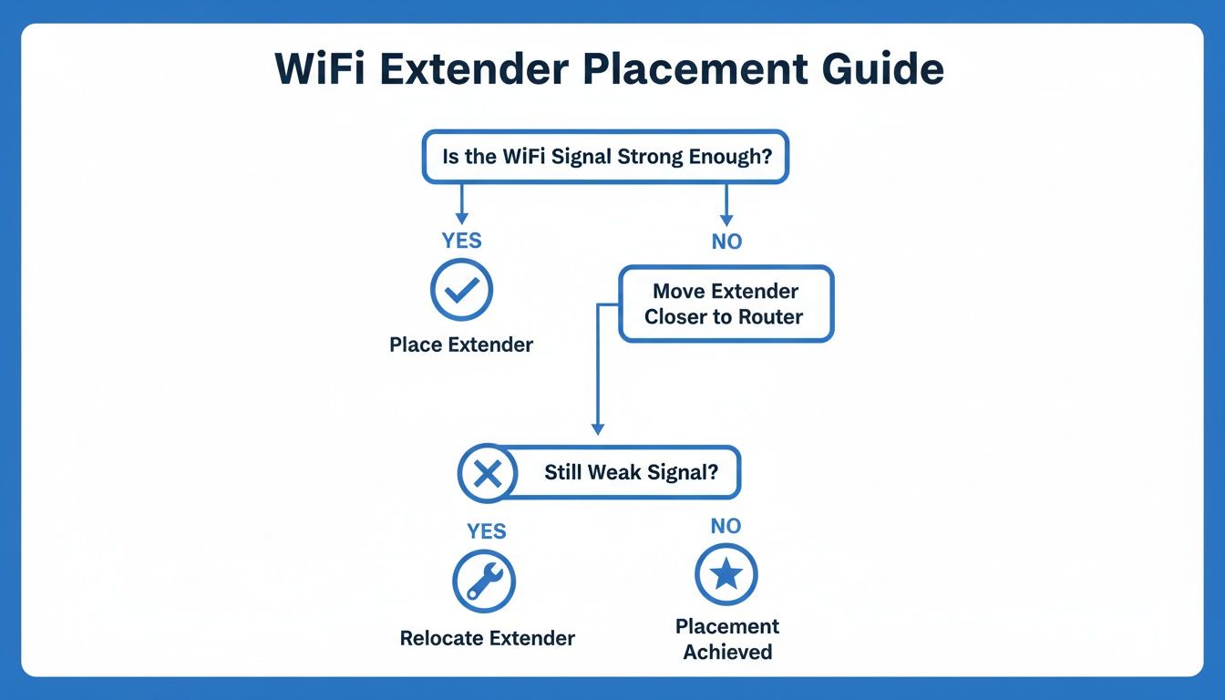 Flowchart detailing steps to achieve optimal WiFi extender placement and strong signal.