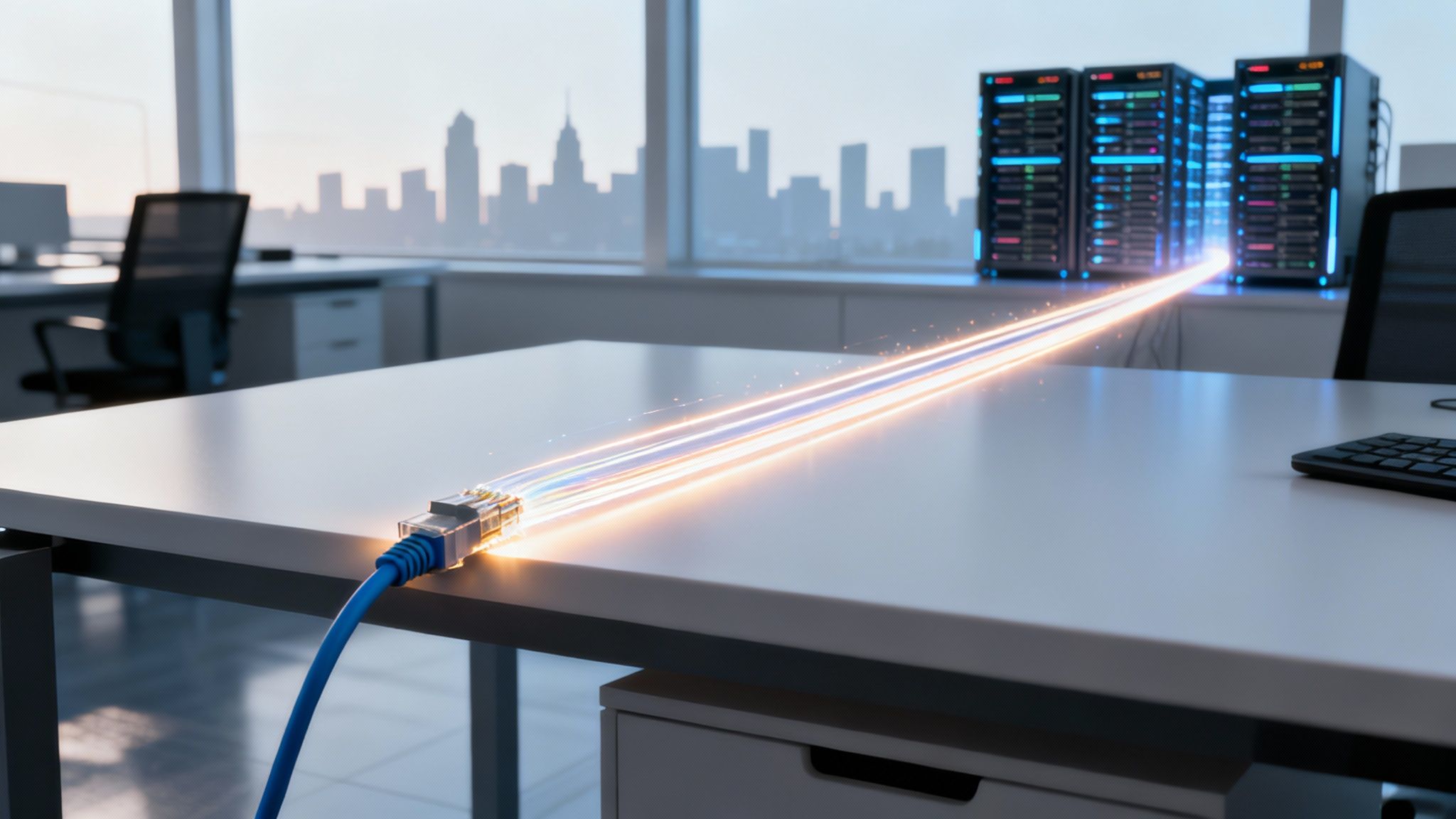 A tidy office desk with well-managed cables leading to a computer, representing an organised network.