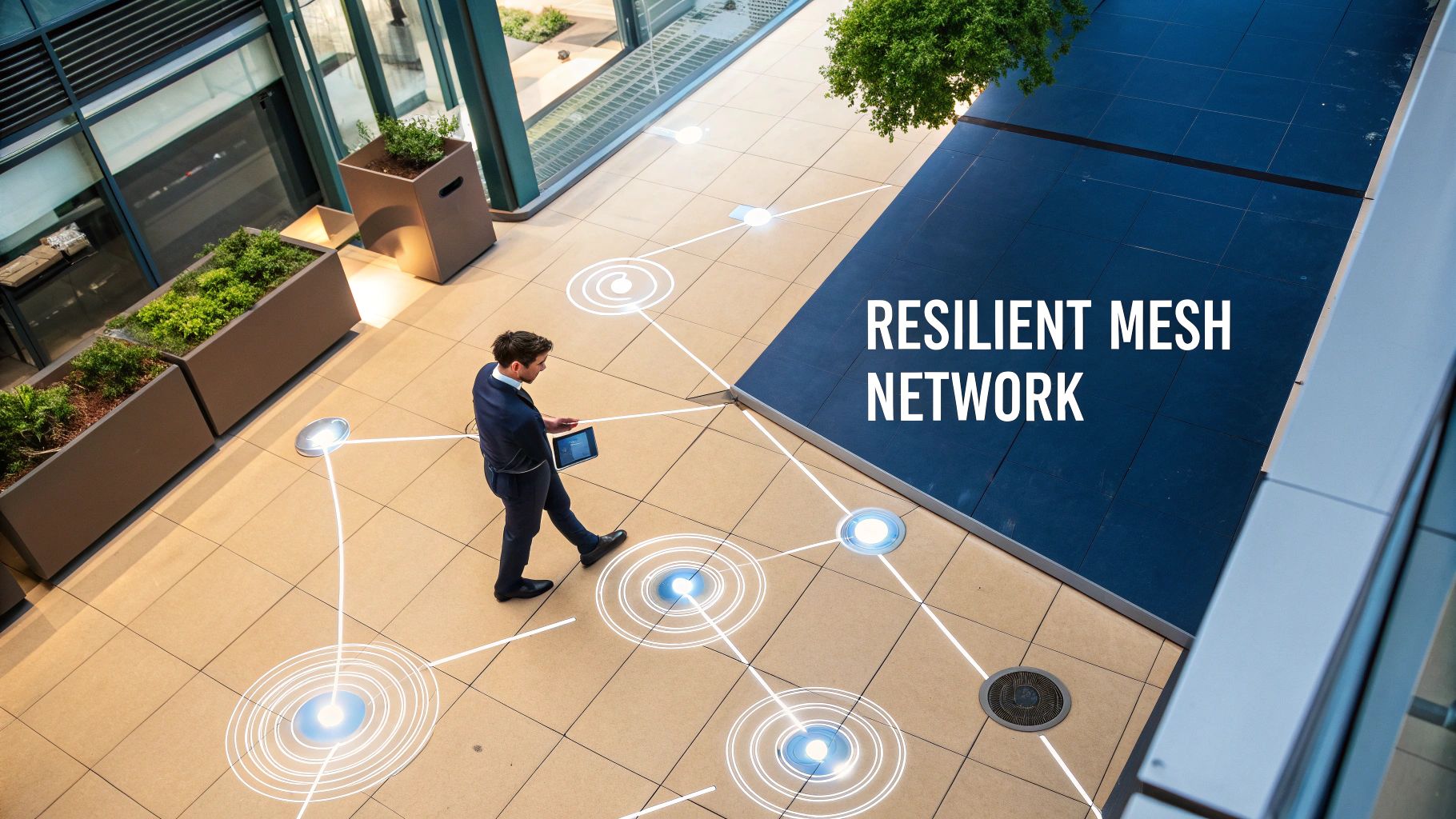 Businessman walking with a tablet on a floor featuring a glowing resilient mesh network diagram.