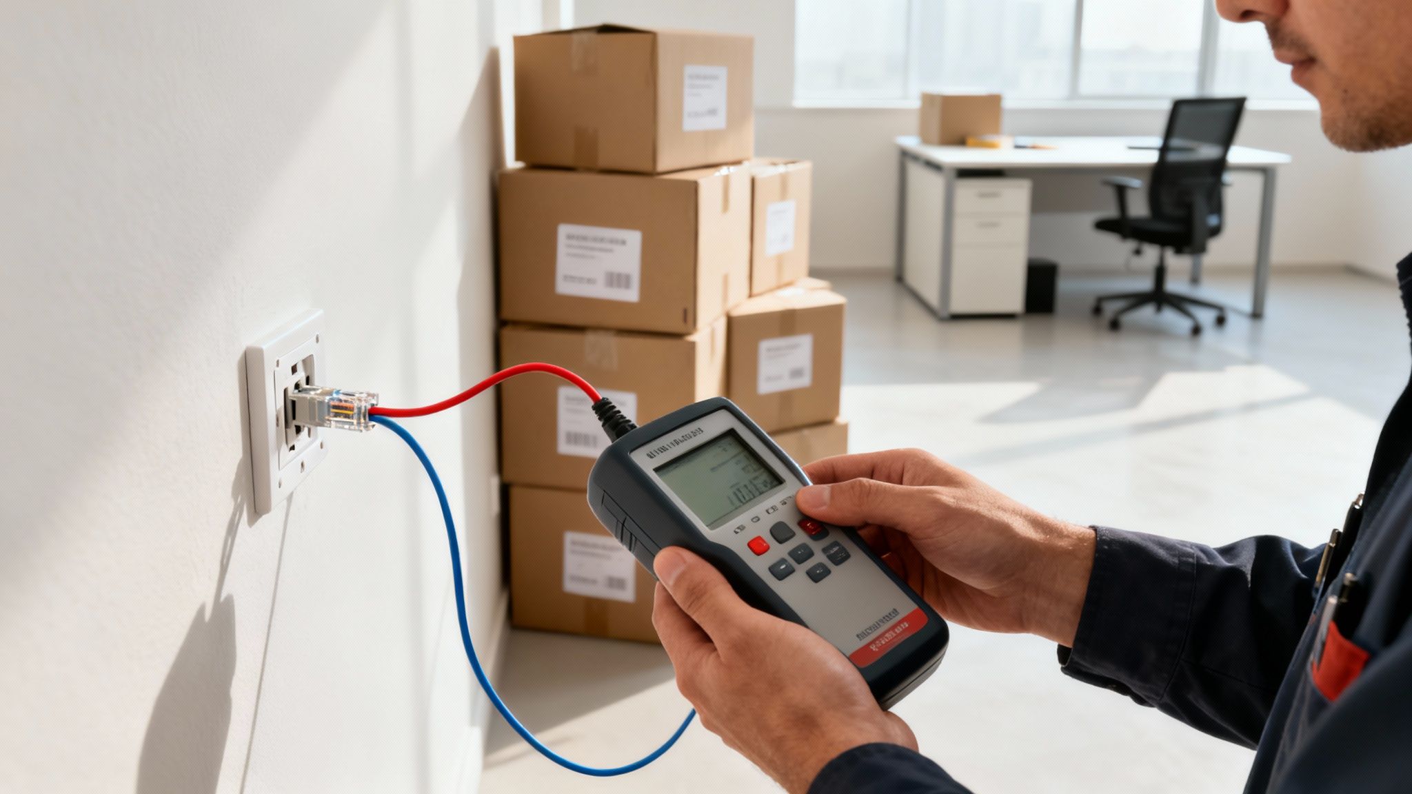 Man's hands operate a network cable tester connected to a wall outlet in an office setting.