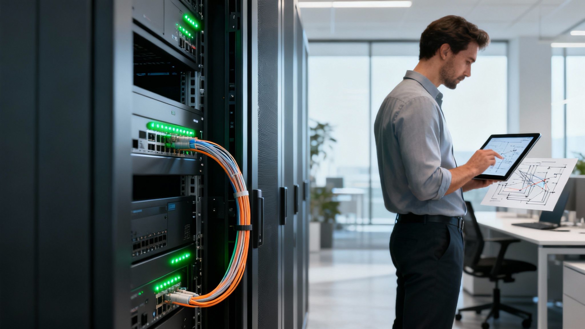 A man in a server room examines a tablet and diagram near racks with glowing green lights and fiber optic cables.