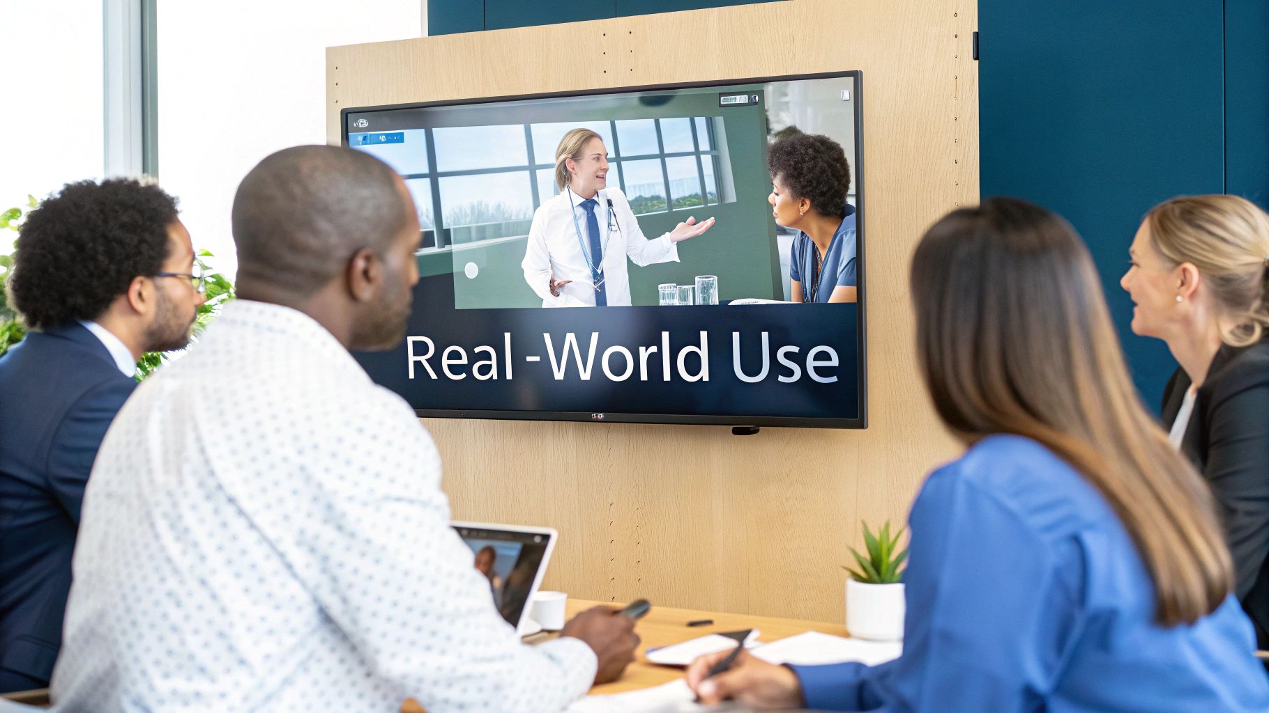 People in a modern meeting room watching a video conference on a large screen displaying medical professionals.