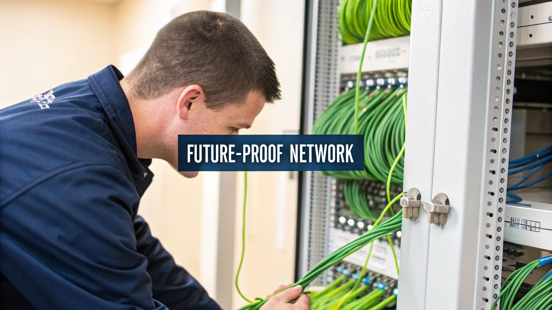 IT professional connecting green cables in a data center for a future-proof network.