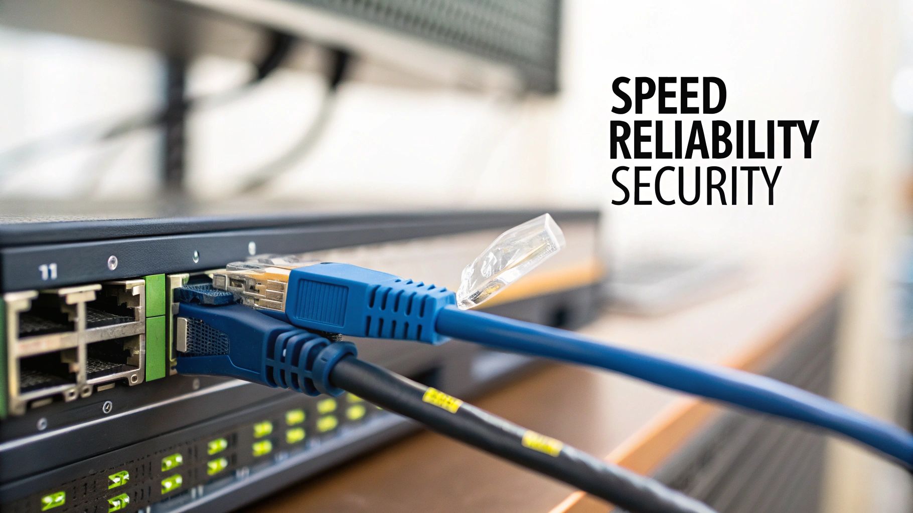 Close-up of blue and black ethernet cables plugged into a network switch with text 'SPEED RELIABILITY SECURITY'.
