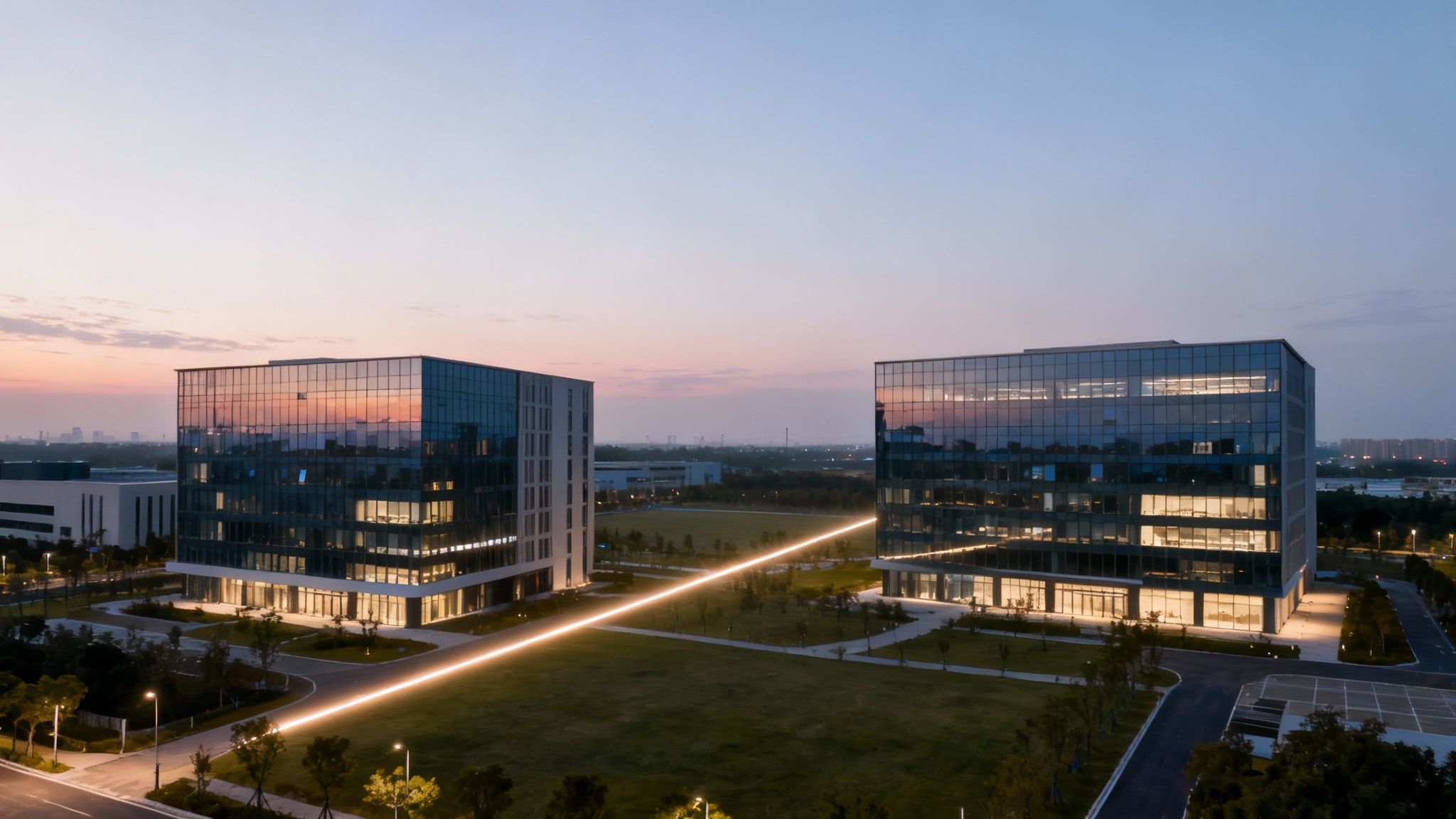 Modern glass office buildings at dusk, connected by a bright, glowing light beam across a green lawn.