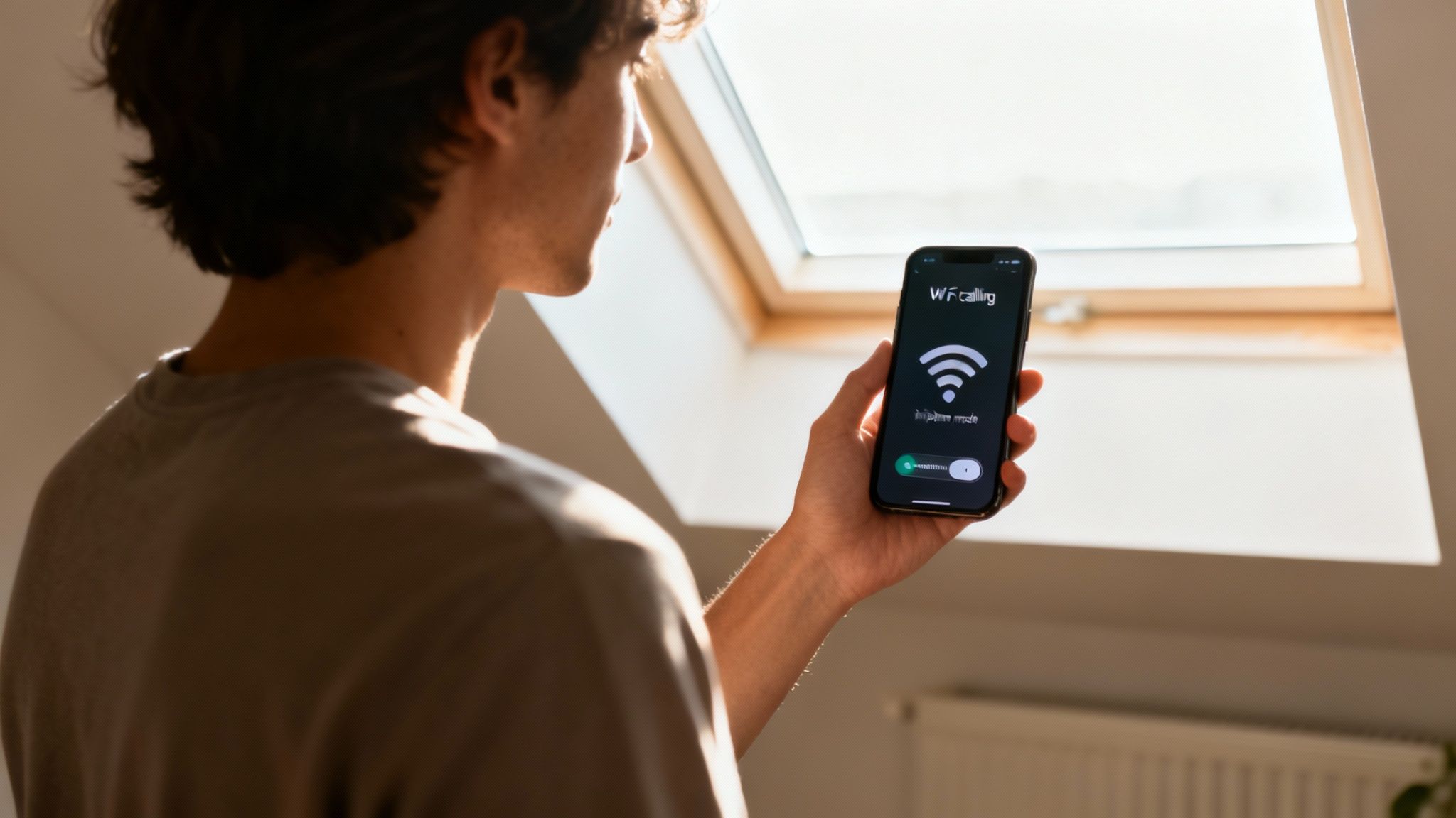 A smartphone displaying a full Wi-Fi signal in a home setting.