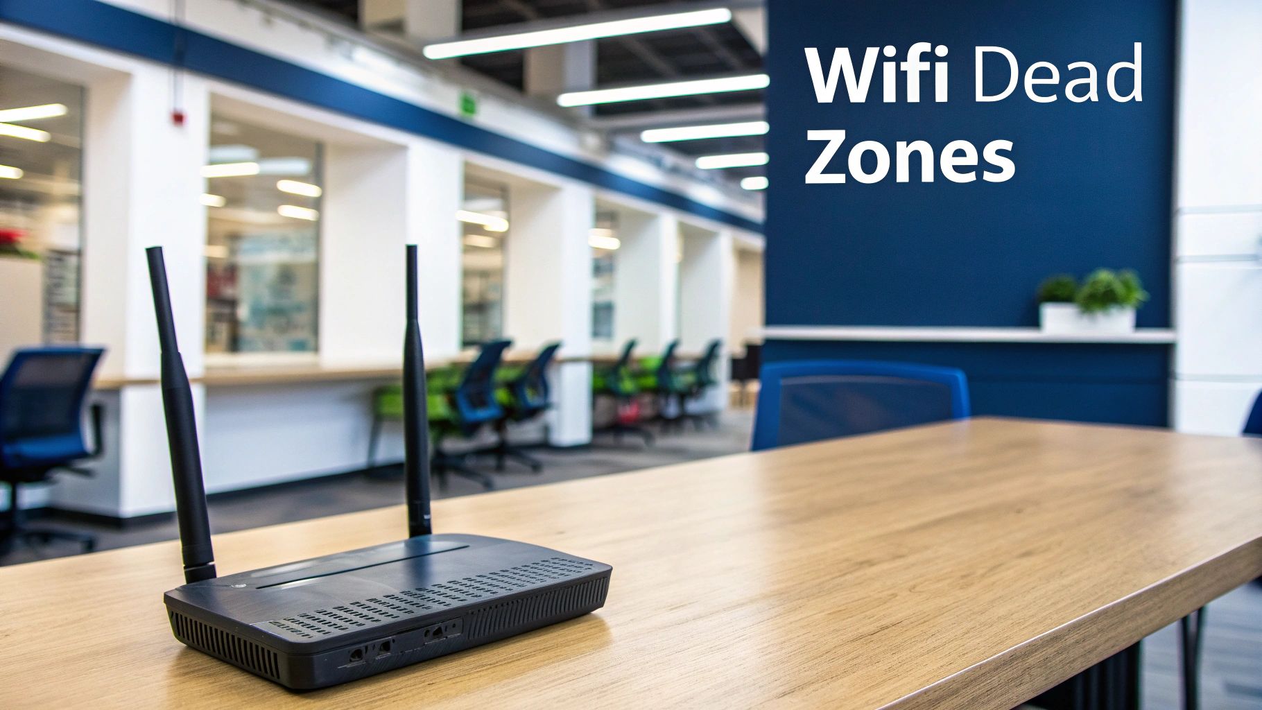 A modern black Wi-Fi router on a wooden desk in an office, indicating 'Wifi Dead Zones'.