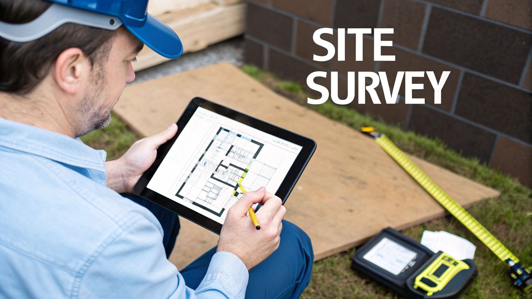 A man in a hard hat reviews a floor plan on a tablet with a yellow pencil during a site survey.