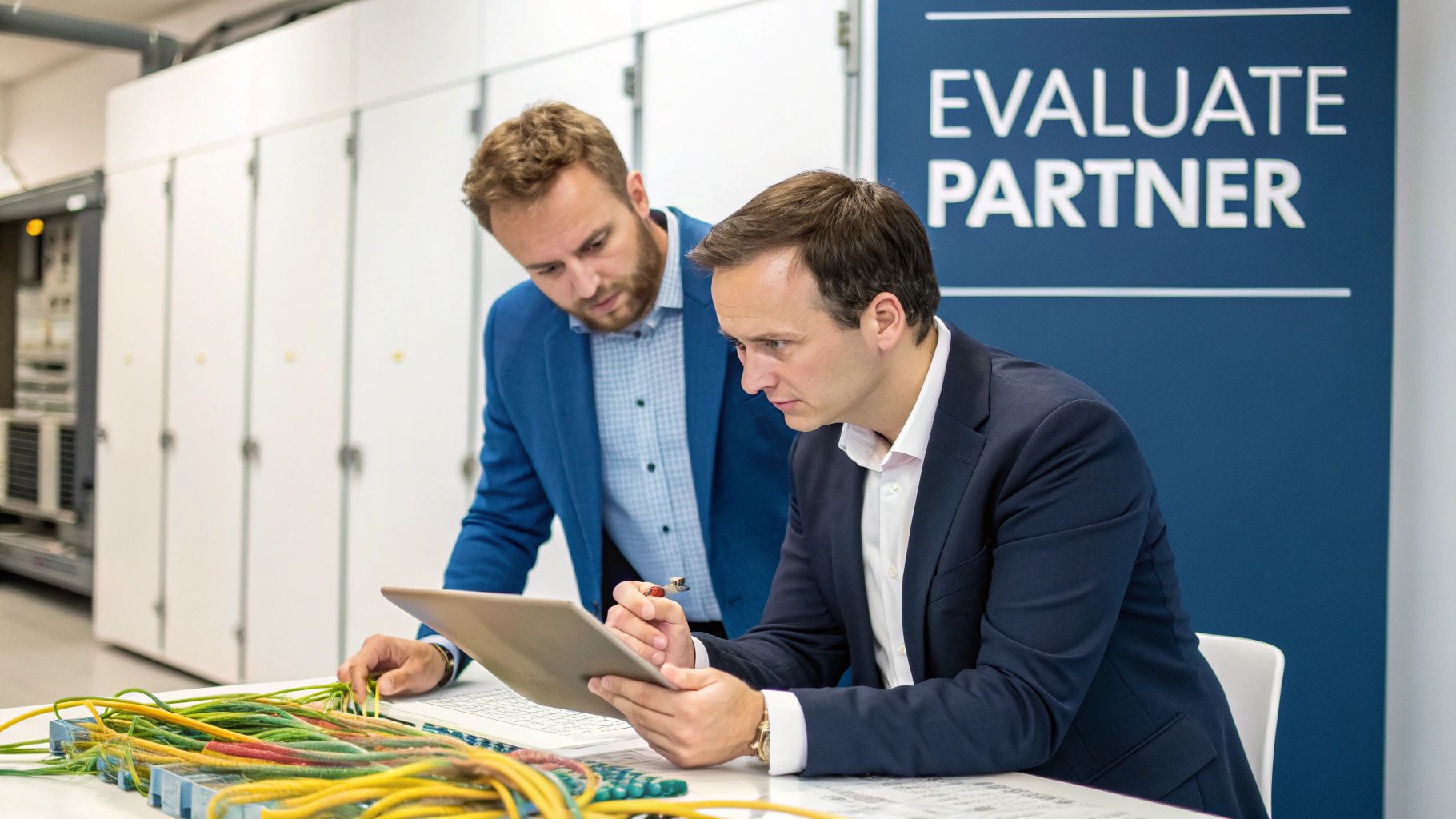 Two professionals reviewing data on a tablet with colorful fiber optic cables on the table.