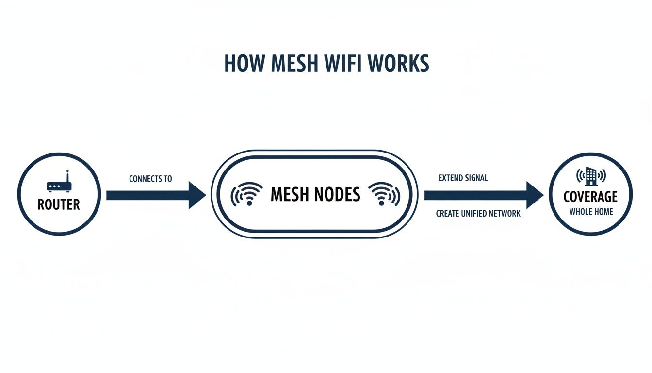 A diagram illustrating how mesh WiFi works, showing a router connecting to mesh nodes for whole home coverage.