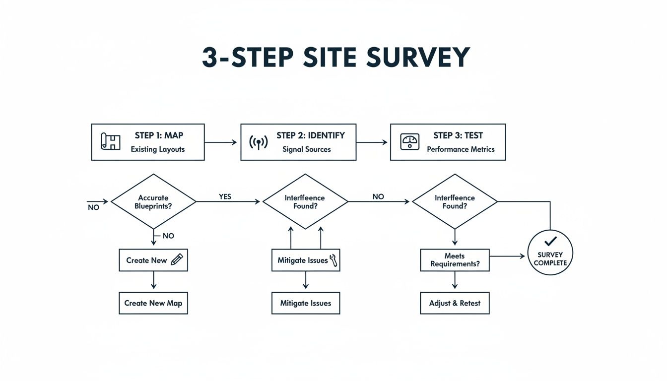 A process flowchart illustrating a three-step site survey for mapping, identifying signal sources, and testing performance.