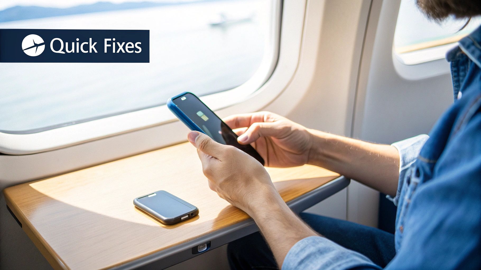 A person toggling Airplane Mode on their smartphone near a window at home.