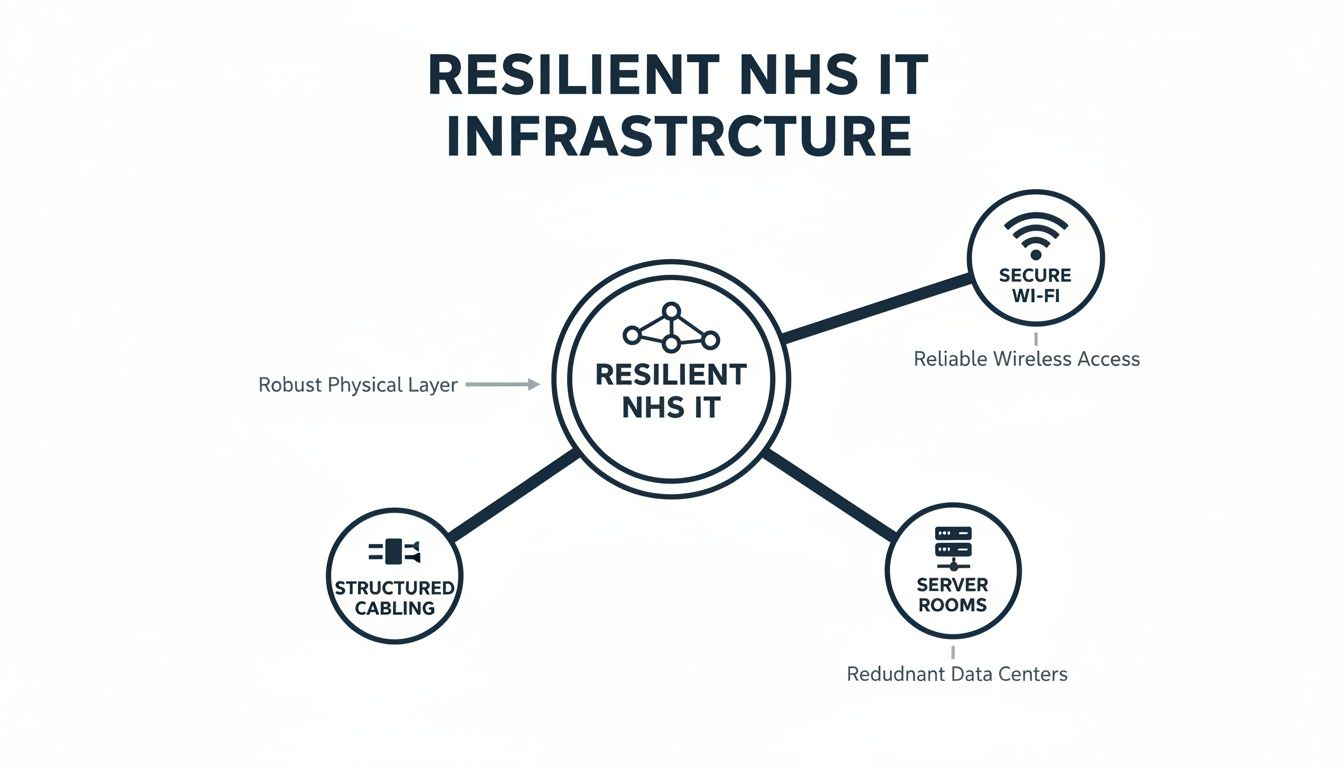 Diagram explaining resilient NHS IT infrastructure, showing structured cabling, secure Wi-Fi, and server rooms.