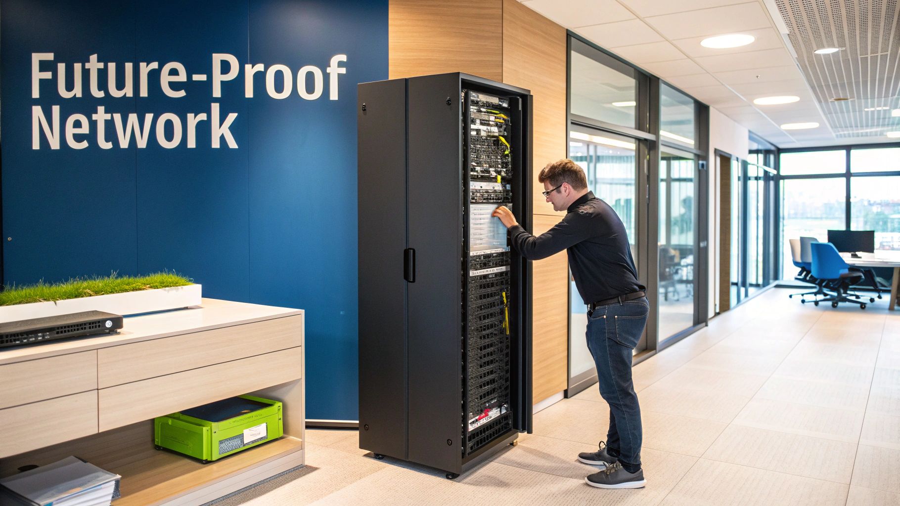 A man in glasses adjusts components inside an open server rack in a modern office environment.