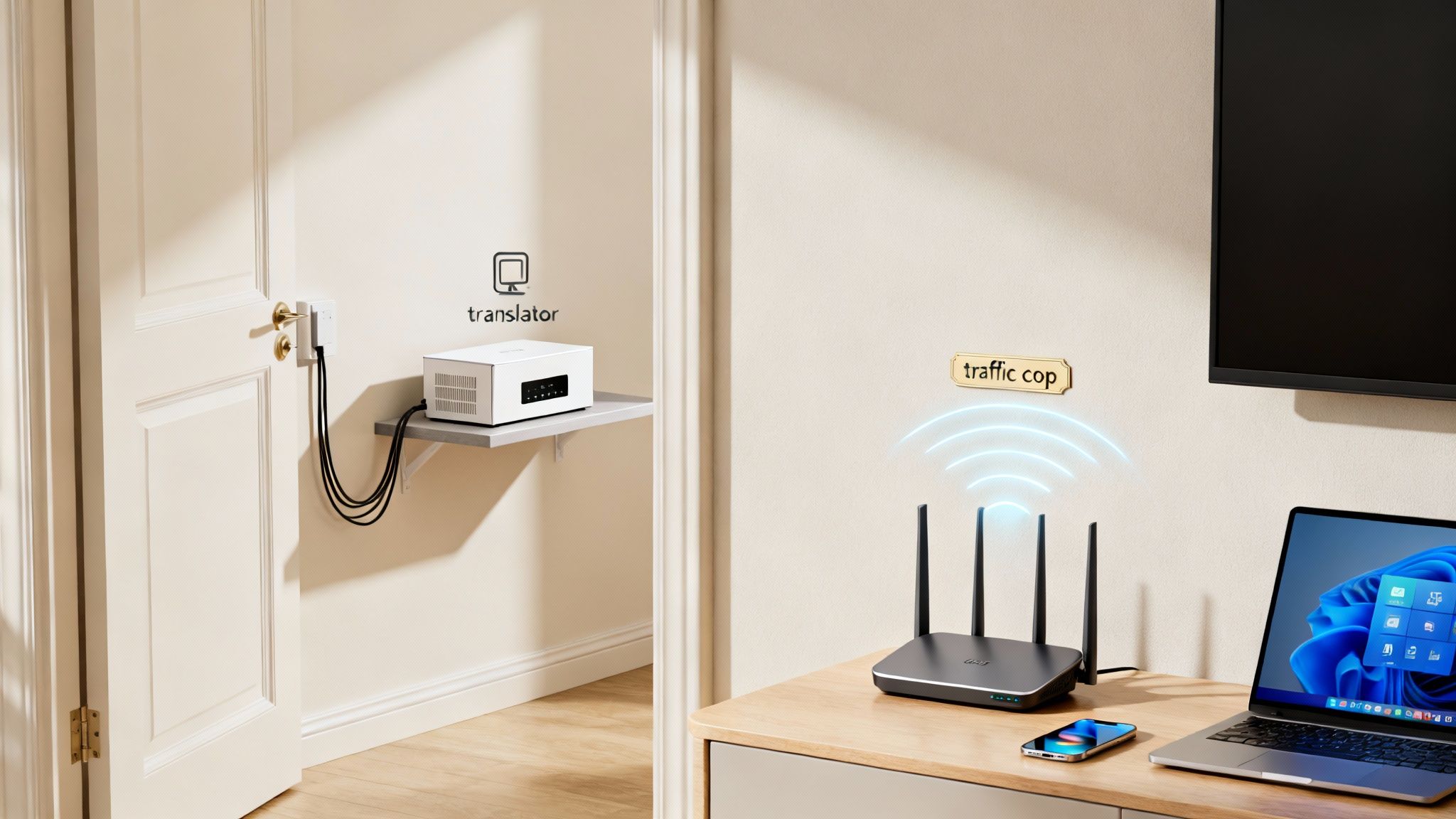 A modern internet modem sitting on a desk with connected cables.