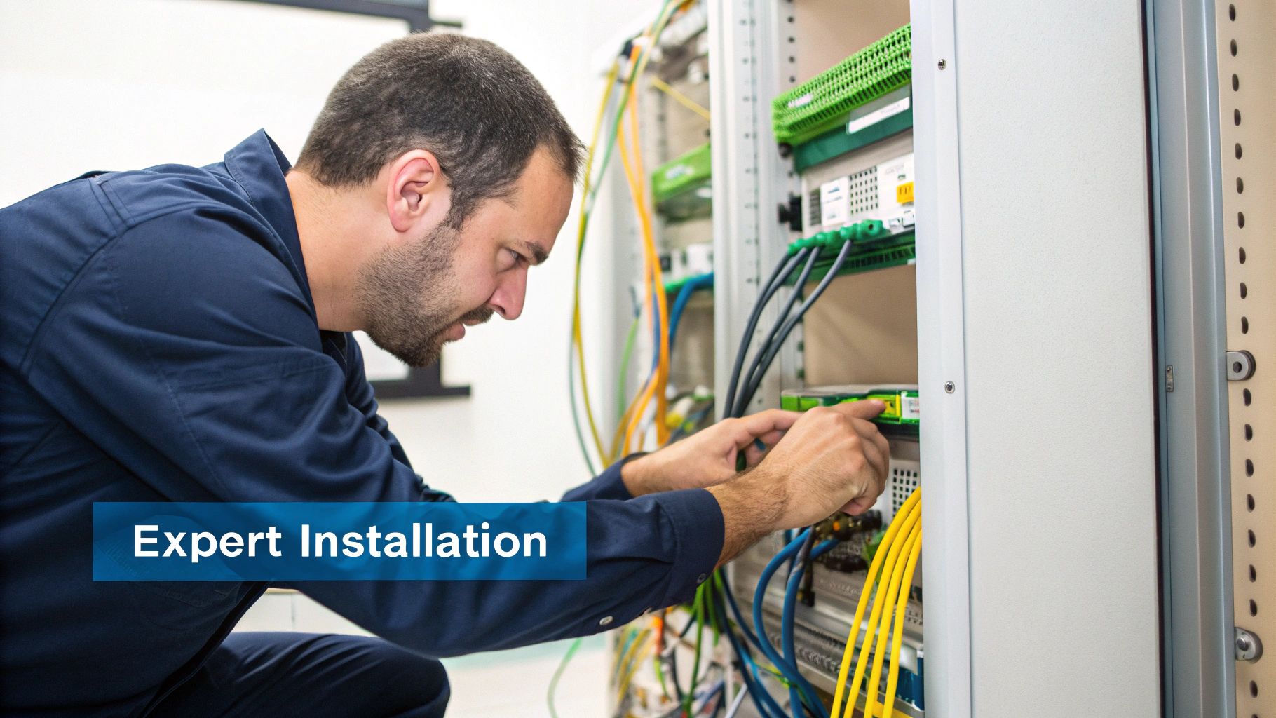 An IT technician expertly installs fibre optic cables in a server rack for reliable network infrastructure.