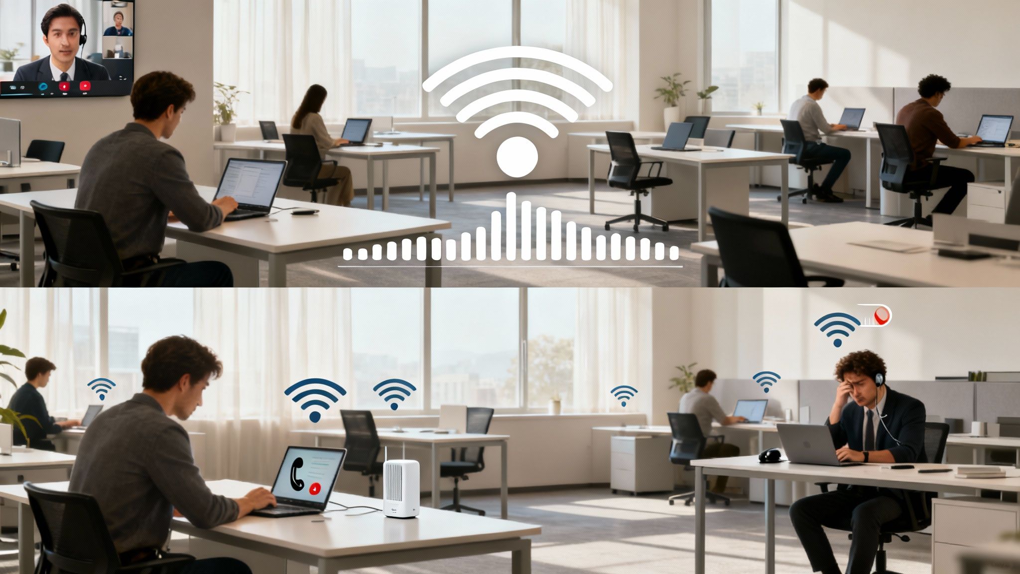 An office comparing strong, ubiquitous Wi-Fi coverage with weak, inconsistent signal and frustrated workers.