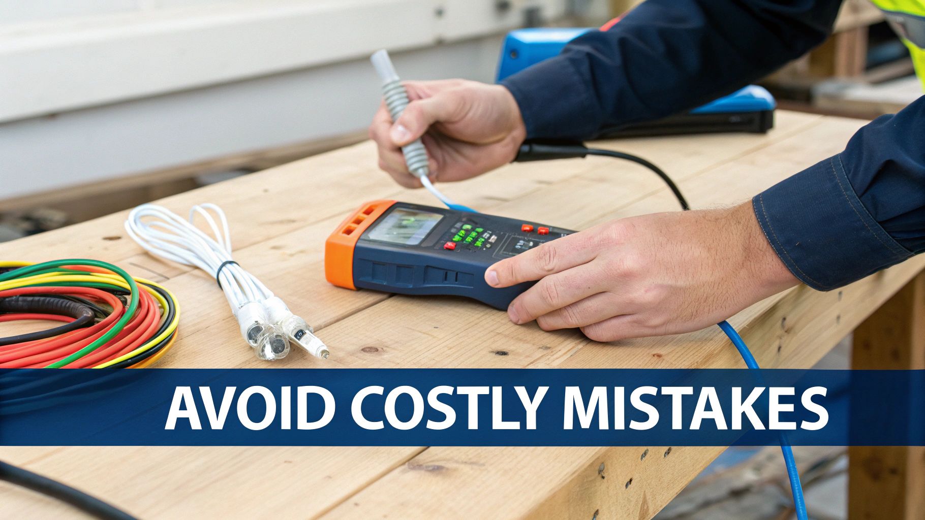 Close-up of a person using a network cable tester on a wooden table with various cables and connectors.