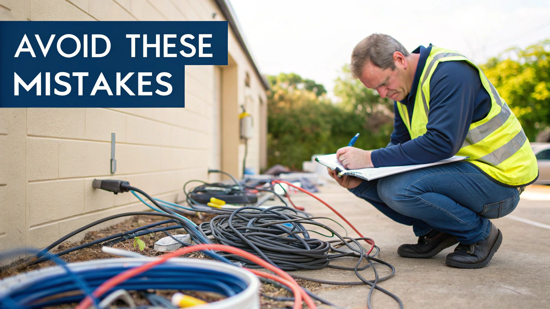 A technician in a safety vest inspects a tangle of cables on the ground, writing notes on a clipboard.