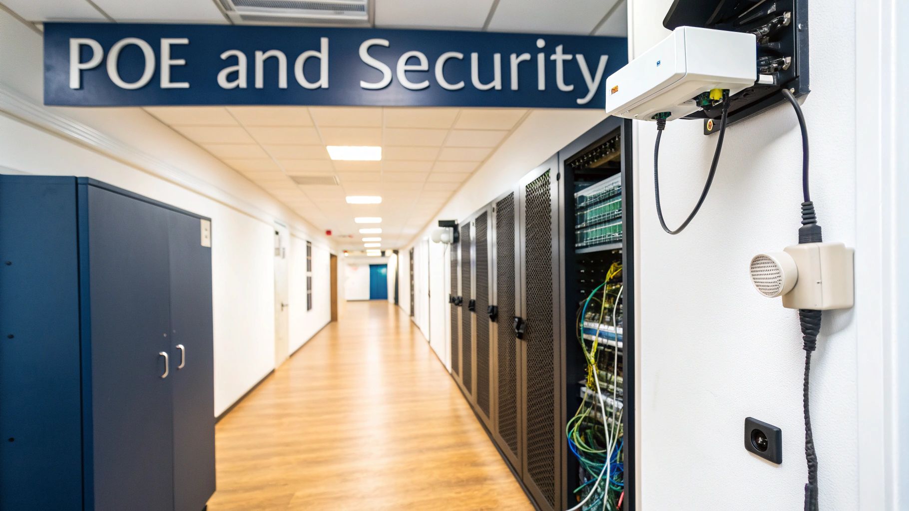 A long hallway with server racks, network equipment, and a prominent 'POE and Security' sign.