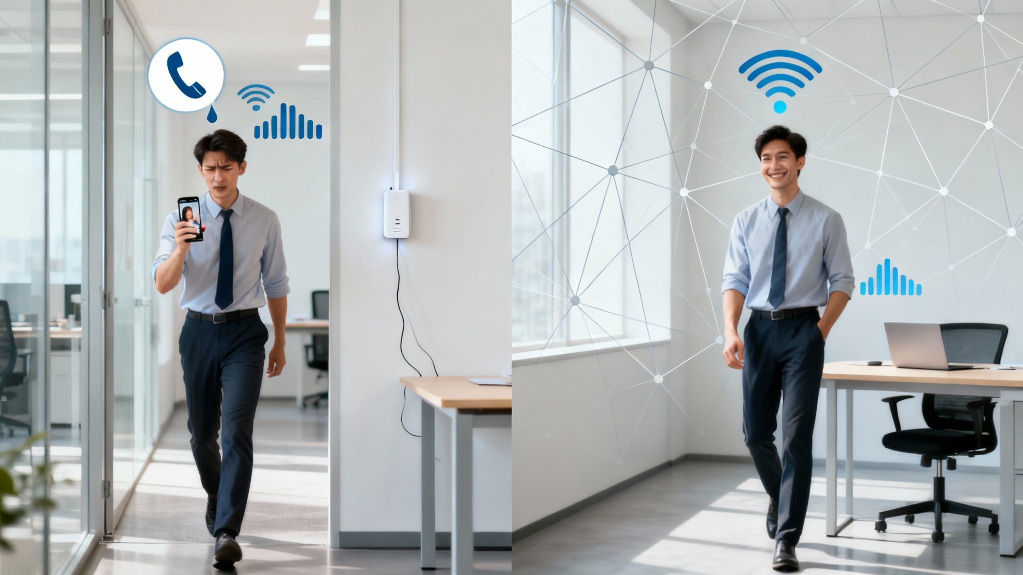 Business professional comparing mesh wifi and wifi extender connectivity in modern office environment