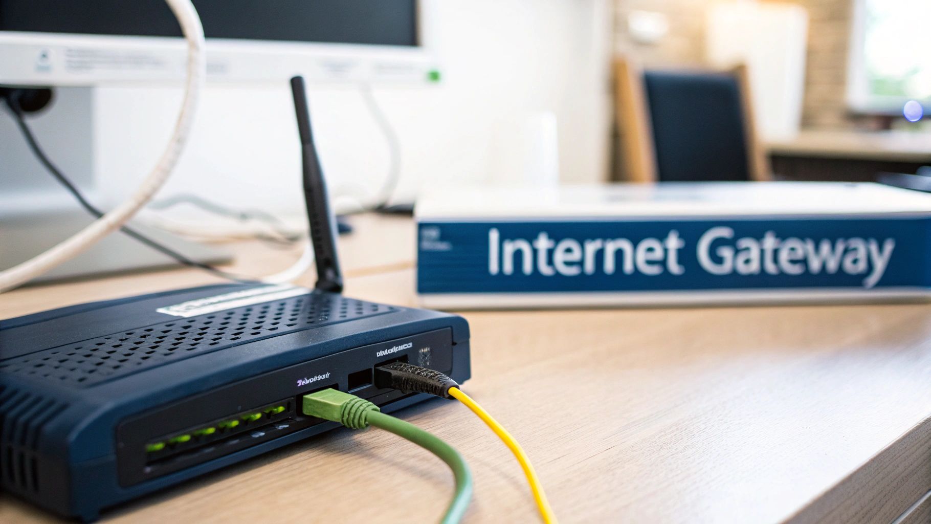 A modem device translating internet signals for an office network