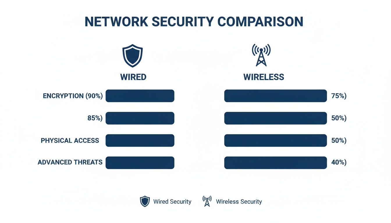 A network security comparison chart showing wired vs. wireless security for encryption, physical access, and advanced threats.