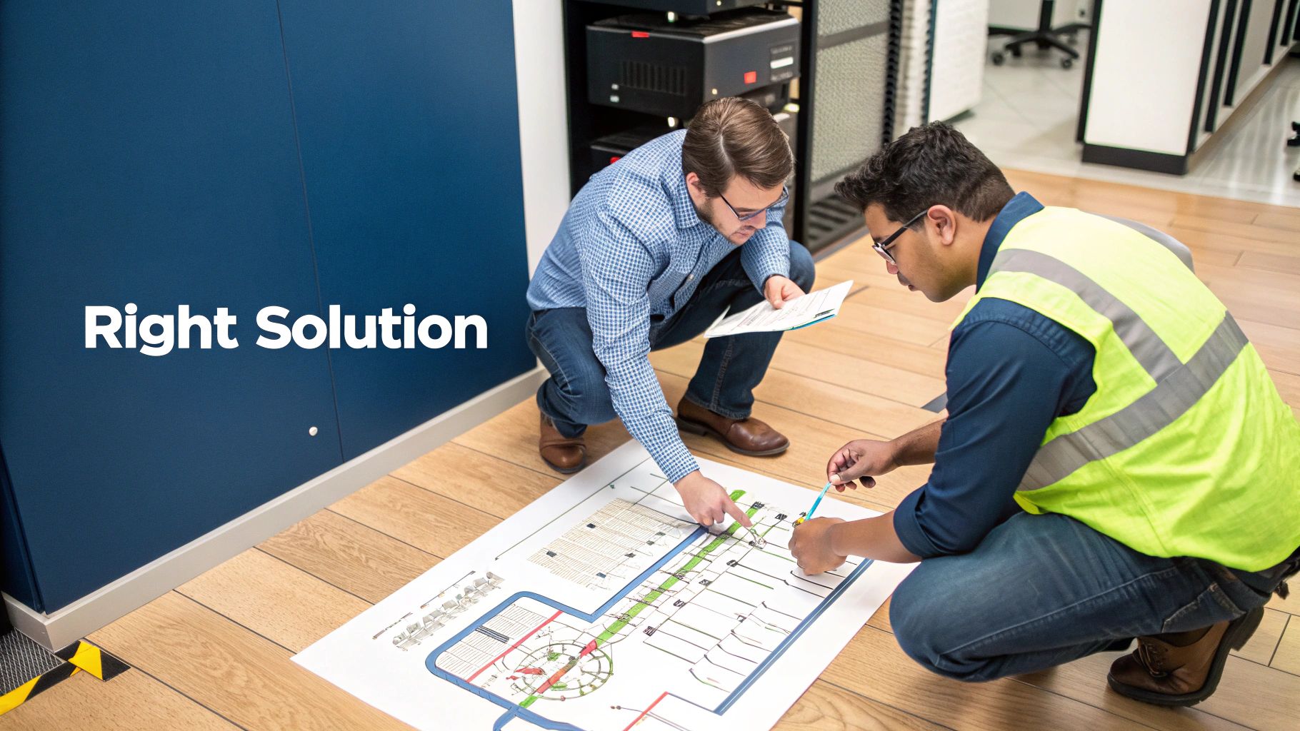 Two professionals review a detailed network plan on the floor, highlighting components for a solution.