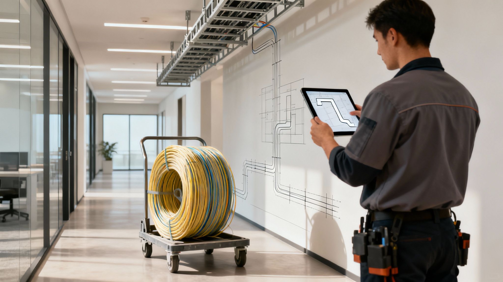 Technician reviewing fiber optic cable installation plans on tablet in modern office building