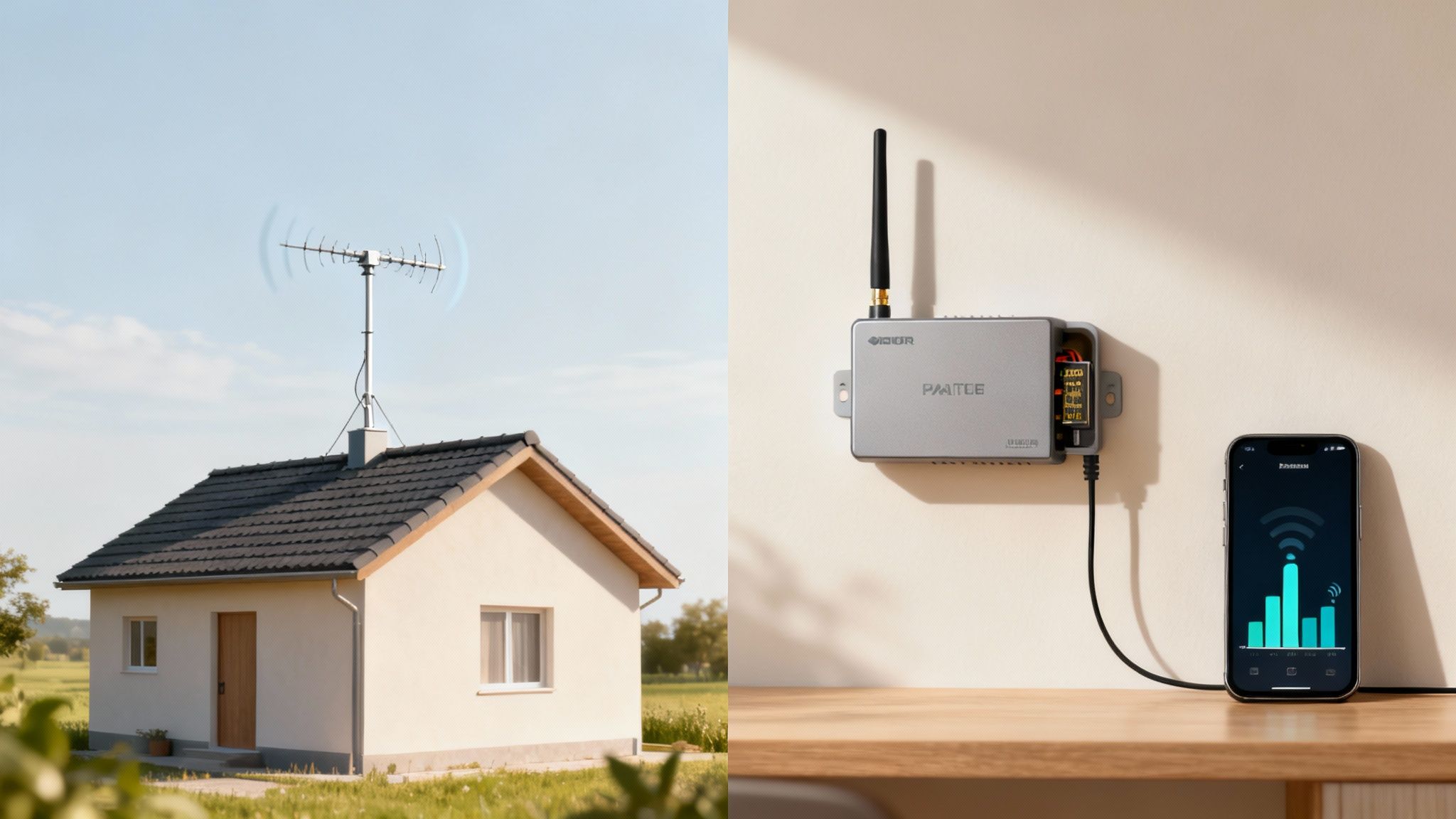 A mobile signal booster kit with antennas and amplifier displayed.