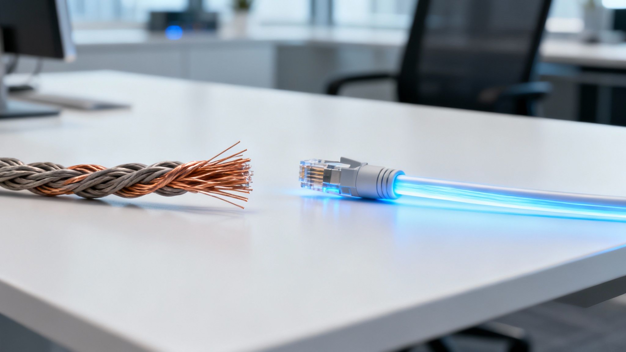 A professionally managed network server rack with tidy optical fibre cable management.