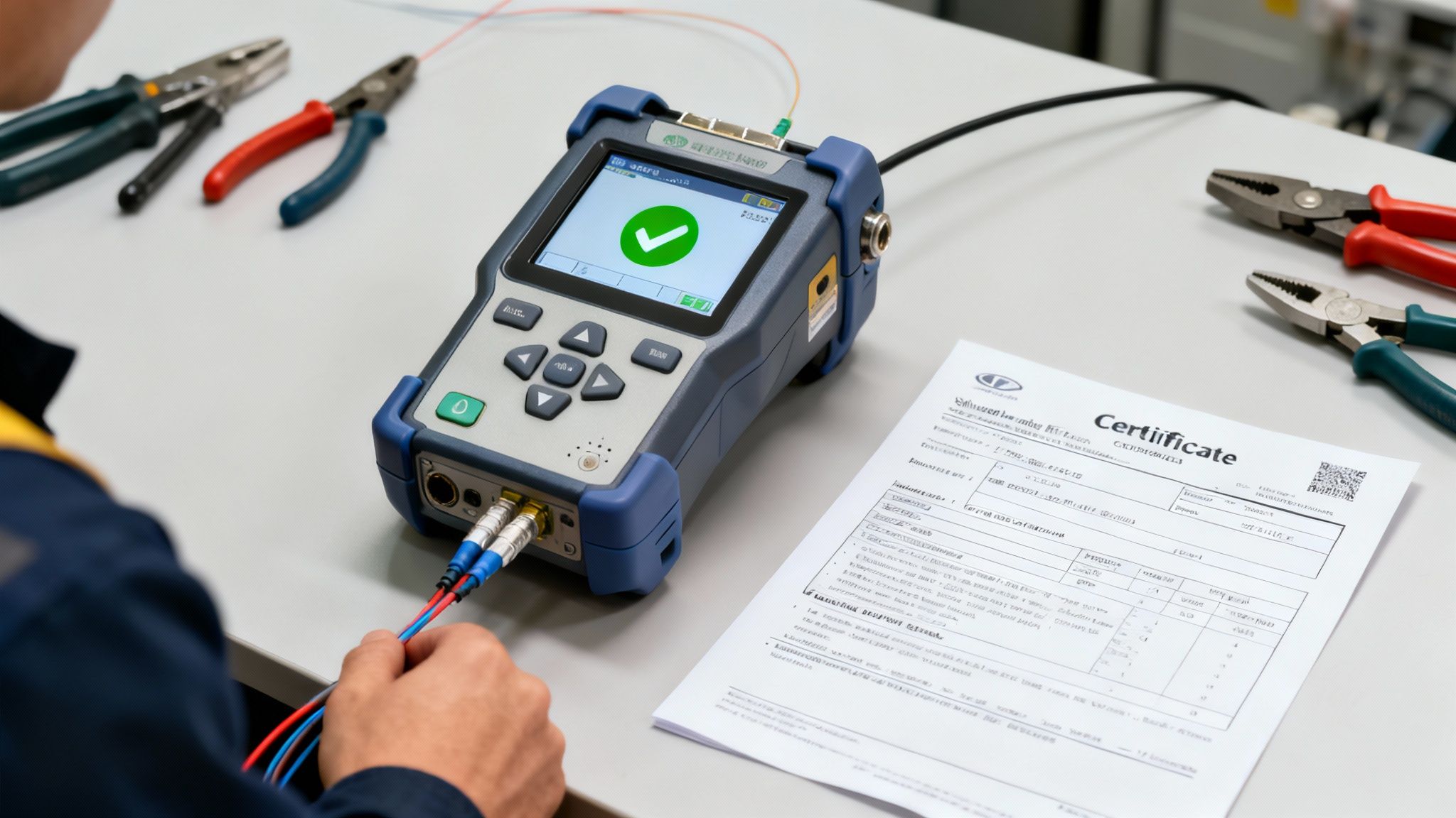 A technician connects red and blue fiber optic cables to a testing device displaying a green checkmark, with tools and a certificate.