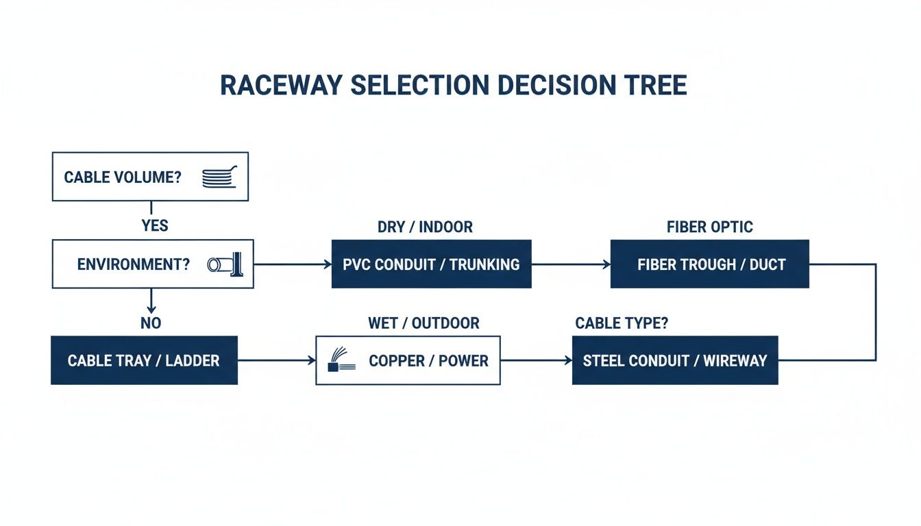 Flowchart illustrating the decision-making process for selecting raceway types based on cable volume, environment, and cable type.