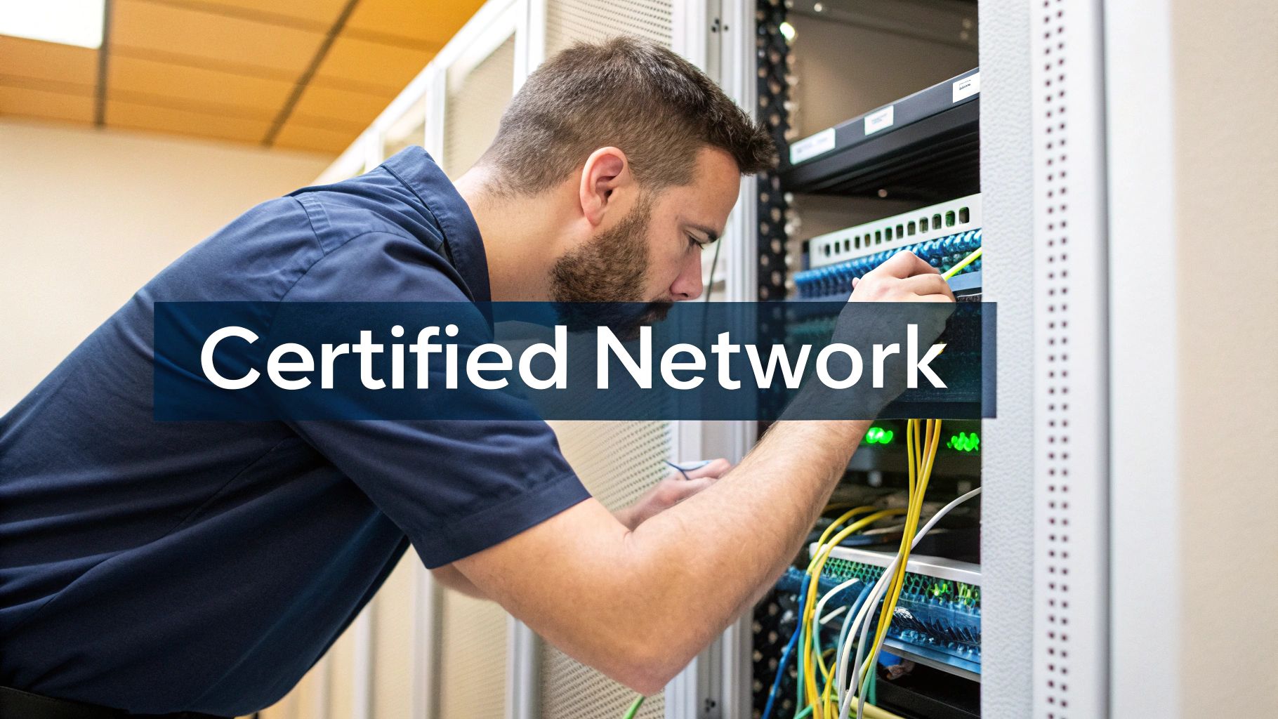 Engineers working on network infrastructure in a server room.