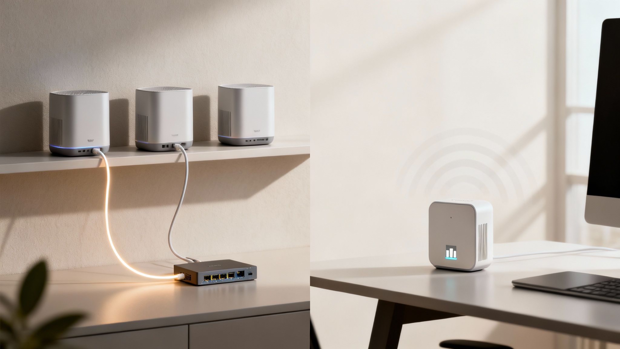 A dual image showing a mesh Wi-Fi system with multiple units and a single Wi-Fi range extender.