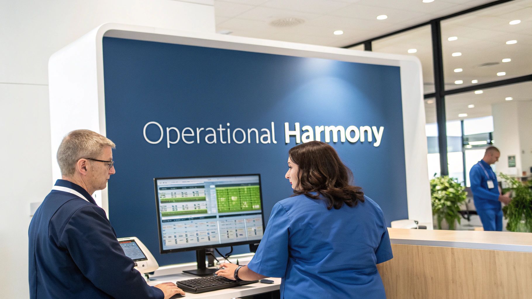 Two healthcare professionals, a man and a woman, collaborate at computers in front of a blue 'Operational Harmony' sign.