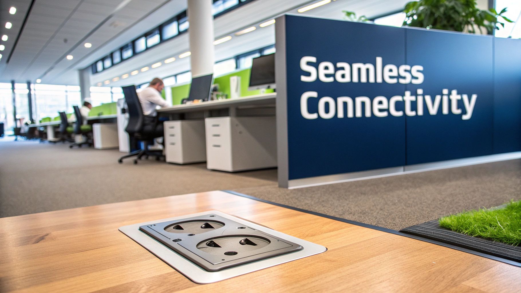 Modern office floor with a wooden desk featuring an embedded power socket for seamless connectivity.