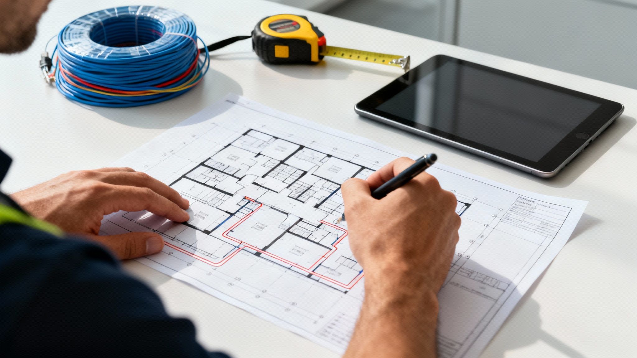 Engineer&#39;s hands drawing on architectural blueprints with a pen, surrounded by tools and wires.