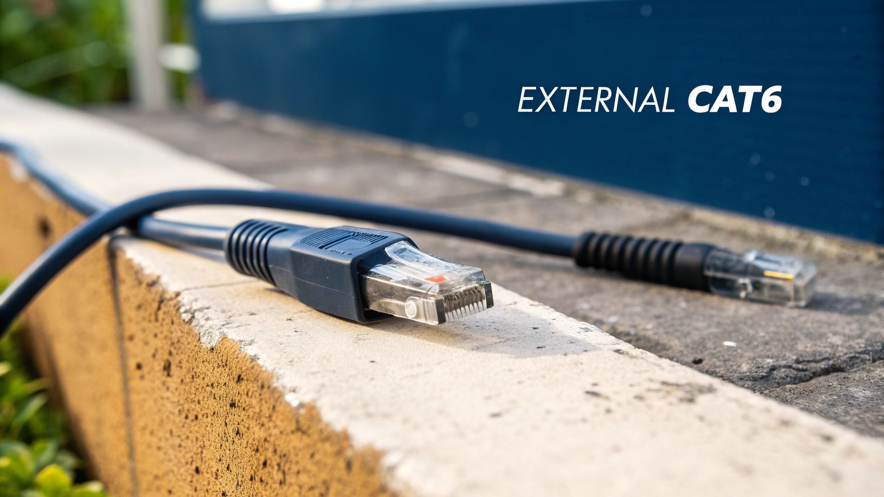 Two dark blue external Cat6 Ethernet cables with RJ45 connectors lie on a concrete ledge.