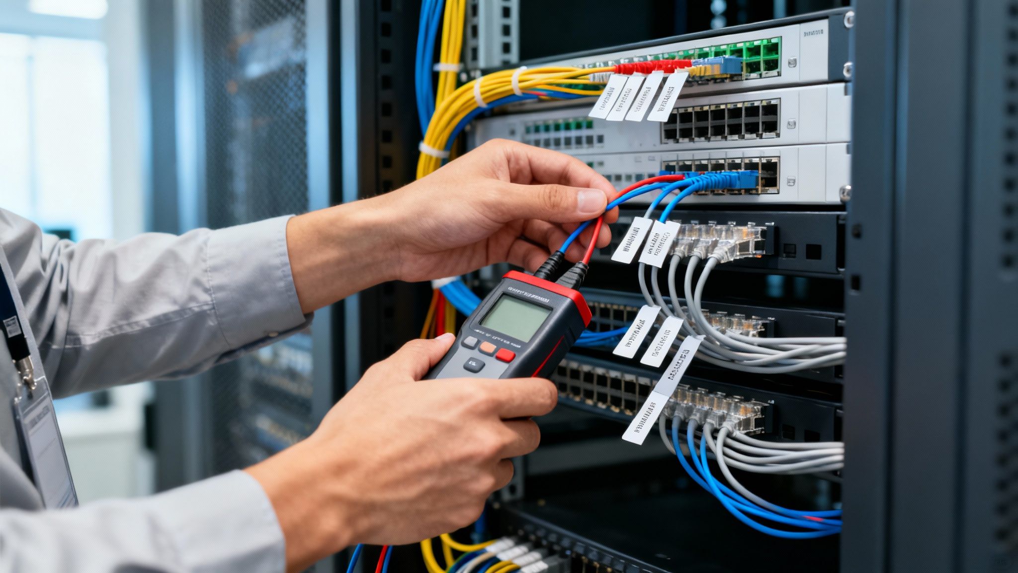 Close-up of a technician testing network cables with a device in a server room.